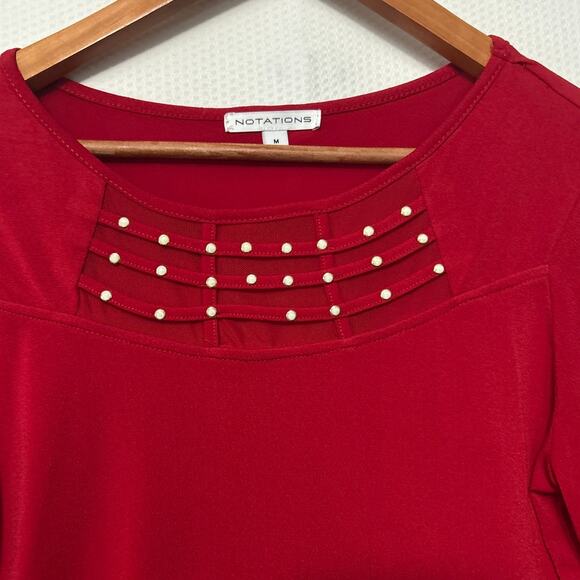 Notations Red 3/4 Sleeve Embellished Scoop Neck Mesh Insert Blouse Size Medium - Picture 2 of 10